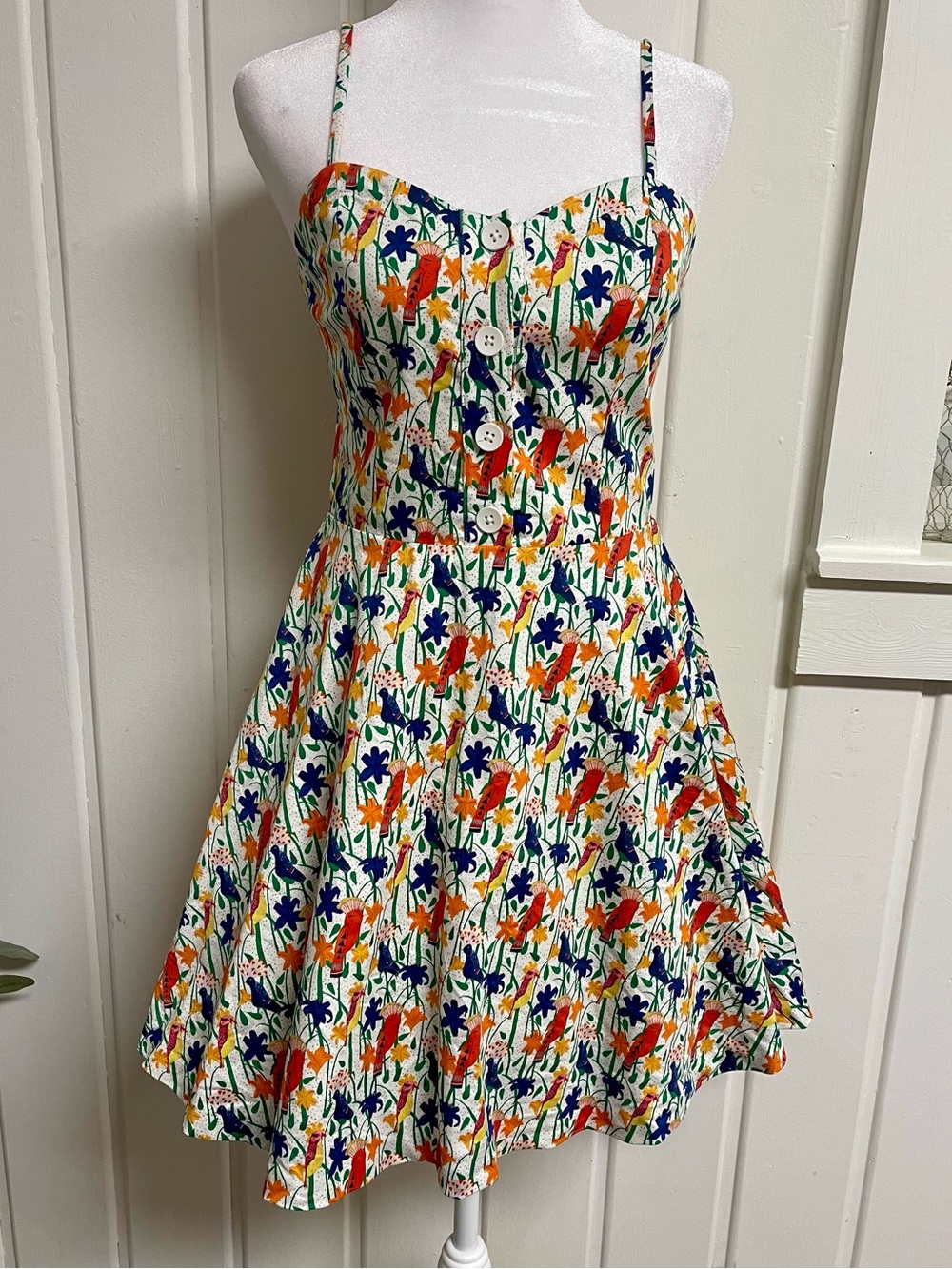 Alice + Olivia Nella Bird Party Floral Parrot Print Button Front Mini Dress